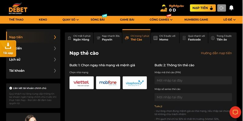 Dễ dàng nạp rút tiền qua ứng dụng nhà cái Debet